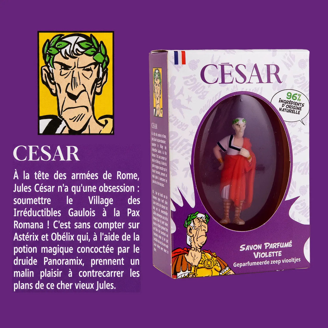 Savon, parfum violette avec sa figurine César