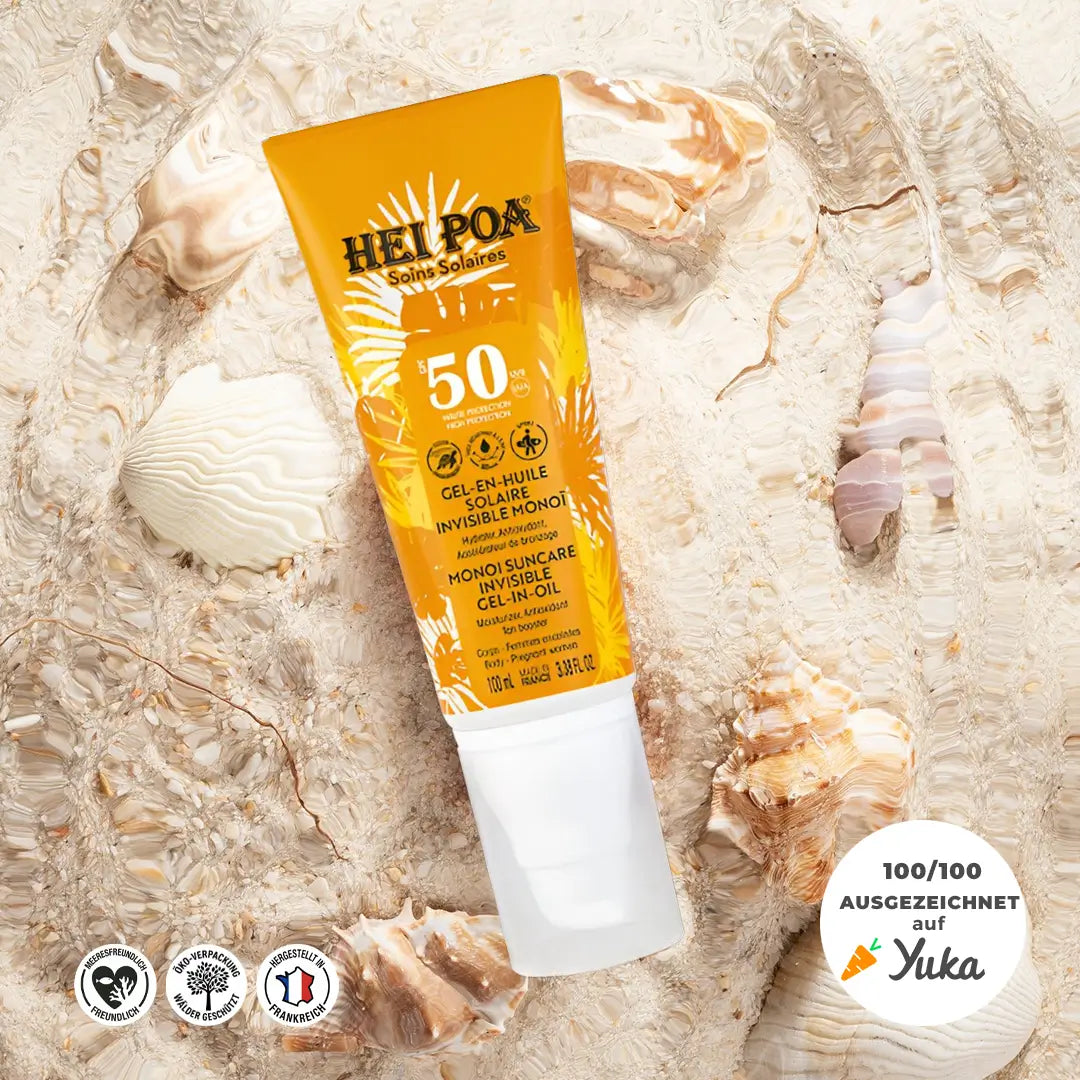 Hei Poa – Sonnenschutz-Ölgel LSF 50 mit Monoi und Karotte – Hoher Sonnenschutz